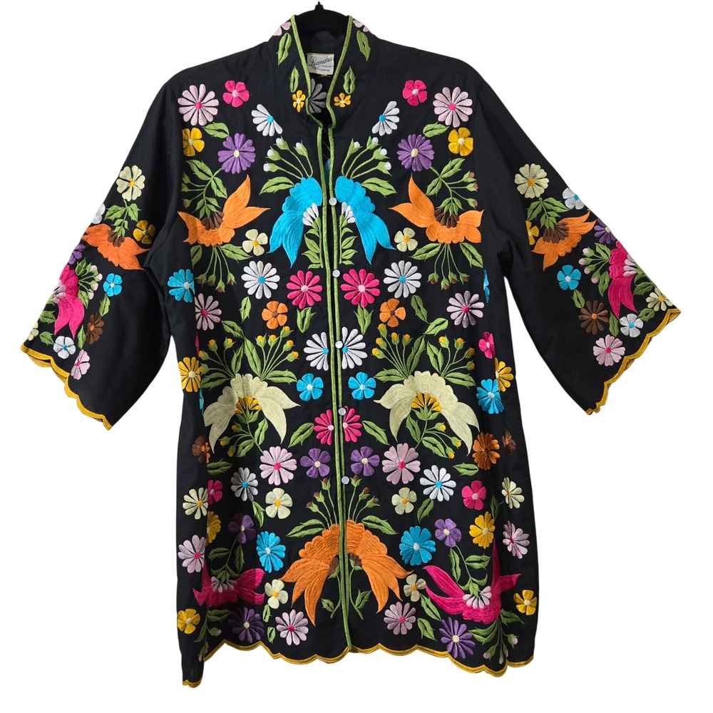 Leandra Vintage Embroidered Floral Bird Tunic Black Mandarin Collar‎ Scallop LG